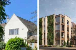 Arnold House as it looks now (left) and plans for its redevelopment (right) (credit DAP Architects)