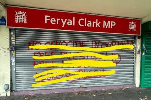 The image uploaded to Feryal Clark's social media crossed out the illegal graffiti