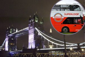 Tower Bridge at night and (inset) a Superloop bus