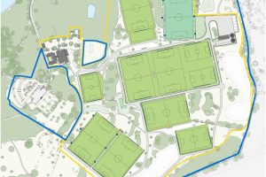 A map of the new women's and girls' academy showing the layout of pitches and location of the boundary fence (yellow line)