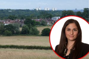 Green Belt land at Vicarage Farm and (inset) council leader Nesil Caliskan