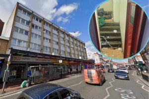 The College Gardens block seen from Fore Street and (inset) fly-tipping in a communal area