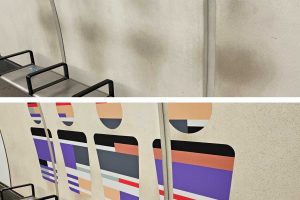 Ghost marks at Liverpool Street Station (top) and a vinyl design that could be used by TfL to cover them up (bottom - credit ianvisits.co.uk)