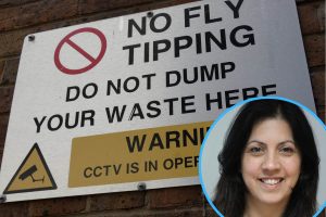 A fly-tipping warning sign and (inset) Maria Alexandrou
