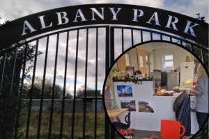 Albany Park and (inset) volunteers clean up the cafe after it was vandalised
