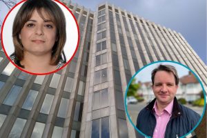 Enfield Civic Centre with (inset left) Labour councillor Alev Cazimoglu and (inset right) Tory James Hockney