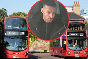 CCTV of the man (inset) police wish to speak to in connection with two incidents on the 329 bus
