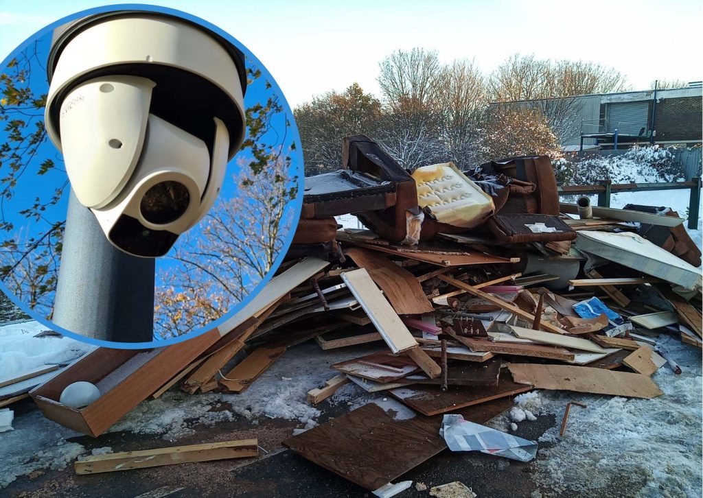 Fly-tipping in Enfield Highway and (inset) CCTV used to catch offenders