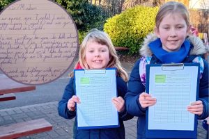 Isobel and Poppy with their petition and (inset) their letter to supermarkets