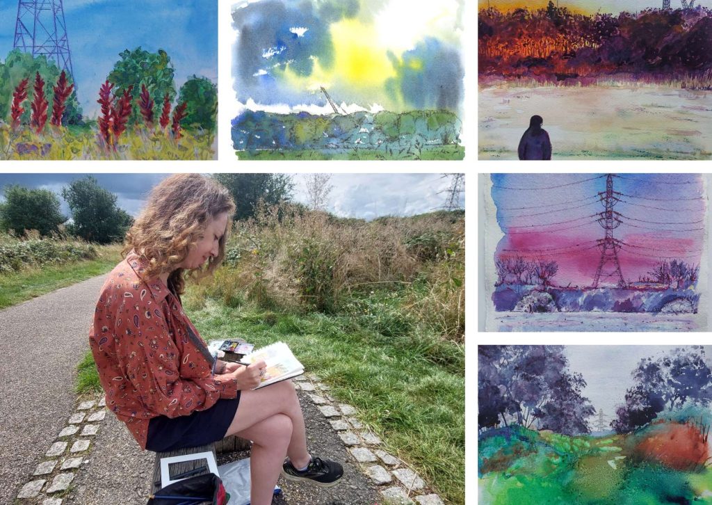 Samantha Schneider sketching on the marshes