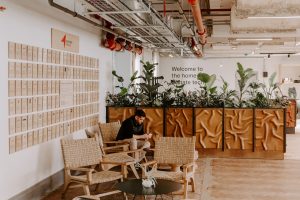 Panels in the workspace have been crafted using waste beetroot and orange peel. Credit: Sustainable Ventures