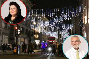 Oxford Street at night with (inset left) night czar Amy Lame and (inset right) assembly member Andrew Boff