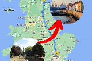 Map showing the 246-mile route from Enfield (inset left) and Hartlepool (inset right)