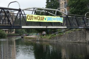 A banner protesting sewage spills in the River Lea