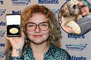 Lily Donavon with her Jack Petchey Award and (jnset) working a dog groomer at Capel Manor