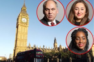 The Houses of Parliament and (clockwise from top left) Bambos Charalambous, Feryal Clark and Kate Osamor