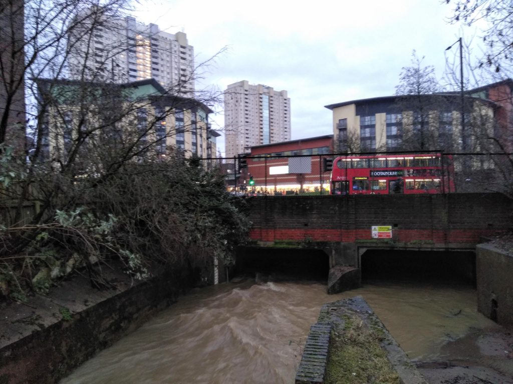 Salmons Brook flows under Fore Street and the Edmonton Green Shopping Center in a tunnel