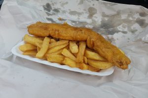 Fish and chips in a polystyrene container
