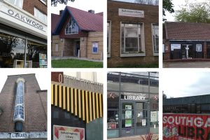 Clockwise from top left; Oakwood, John Jackson, Bullsmoor, Winchmore Hill, Bowes Road, Enfield Highway, Enfield Island Village and Southgate libraries
