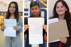 Enfield students Hazal, Jayden and Pearl with their GCSE results