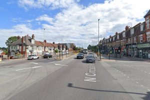 The junction of Powys Lane and the North Circular, with N13 Dental Clinic pictured on the left (credit Google)