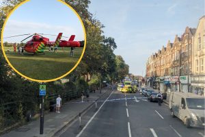 The scene of the collision in Green Lanes on Sunday and (inset) London Air Ambulance at Hazelwood Rec