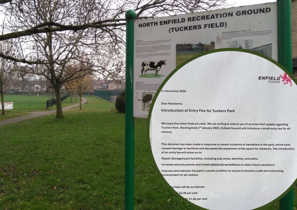 North Enfield Recreation Ground and (inset) the fake council notice