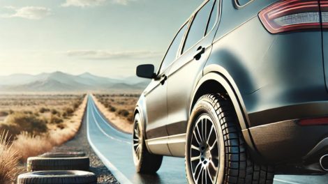 A car driving down an open road lined with new tyres