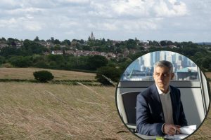Green Belt land in Enfield and (inset) London mayor Sadiq Khan (credit GLA)