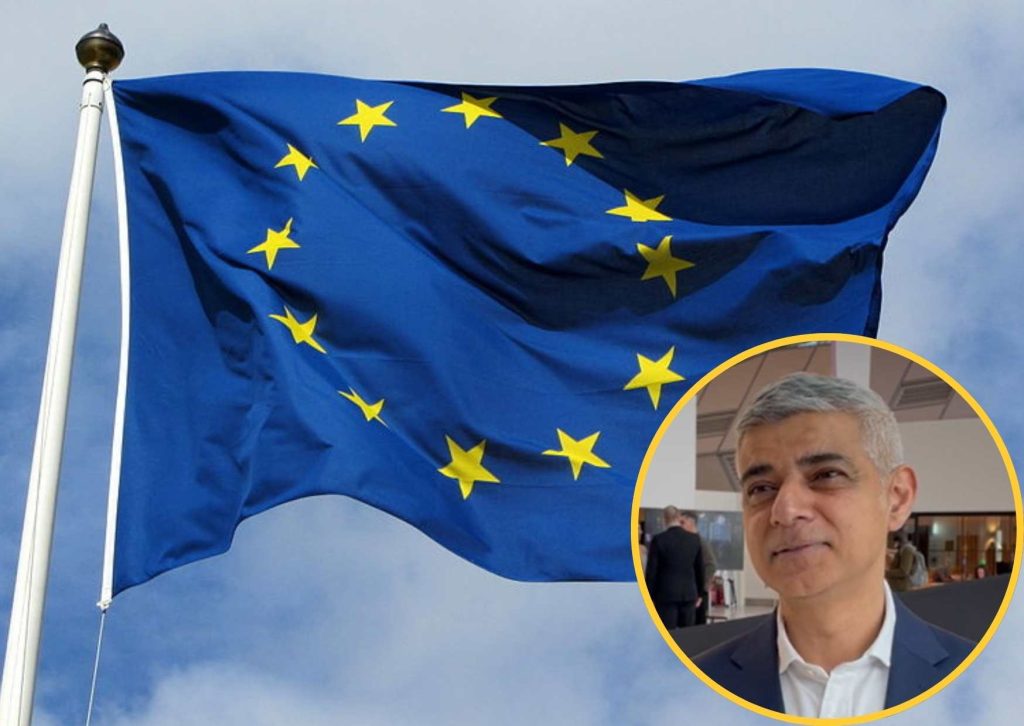 EU flag (credit MPD01605 via Wikimedia Commons) and (inset) Sadiq Khan