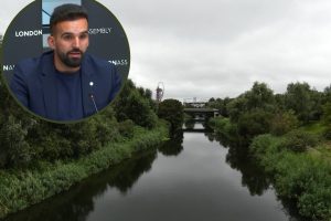 The River Lea in East London and (inset) deputy mayor for environment Mete Coban addresses the London Assembly