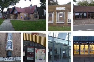 Clockwise from left; John Jackson Library, Bullsmoor Library, Winchmore Hill Library, Bowes Library, Enfield Highway Library, Enfield Island Village Library and Southgate Library