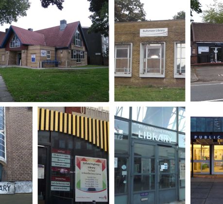 Clockwise from left; John Jackson Library, Bullsmoor Library, Winchmore Hill Library, Bowes Library, Enfield Highway Library, Enfield Island Village Library and Southgate Library