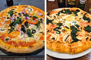 Pizza vegetariana at La Nostra (left) and pizza Fiorentina at Giovanni (right)