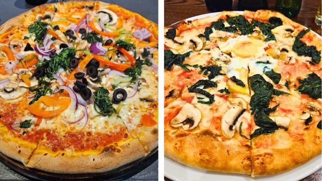 Pizza vegetariana at La Nostra (left) and pizza Fiorentina at Giovanni (right)