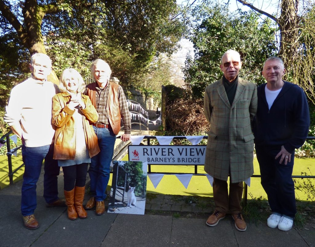 The new sign unveiled with help from Barney's owner Chris Smith (third from left), Town ward councillor Mike Rye (second from right) and local resident Alan Boyle (right) who launched the petition 