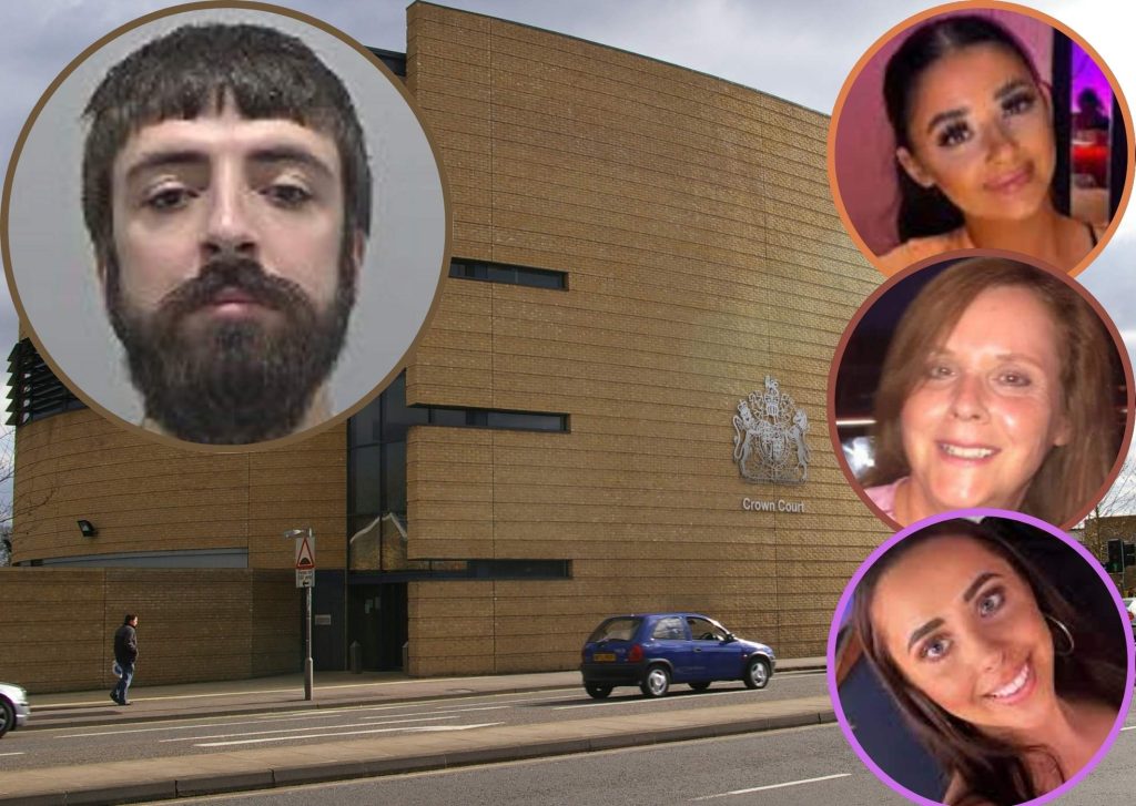 Kyle Clifford (inset left) was sentenced at Cambridge Crown Court (credit Ben Harris) over the killing of Louise Hunt (inset top right), Carol Hunt (inset centre right) and Hannah Hunt (inset bottom right)