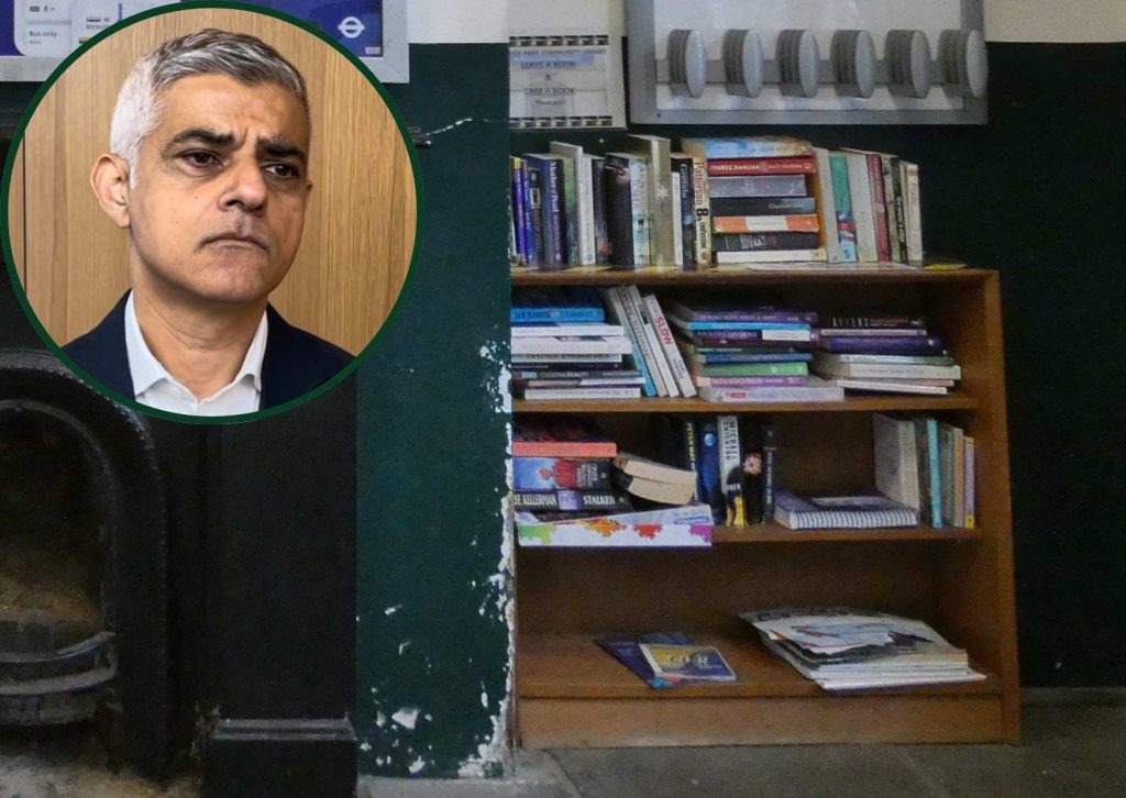 A book exchange at Woodside Park Station in Barnet and (inset) Sadiq Khan