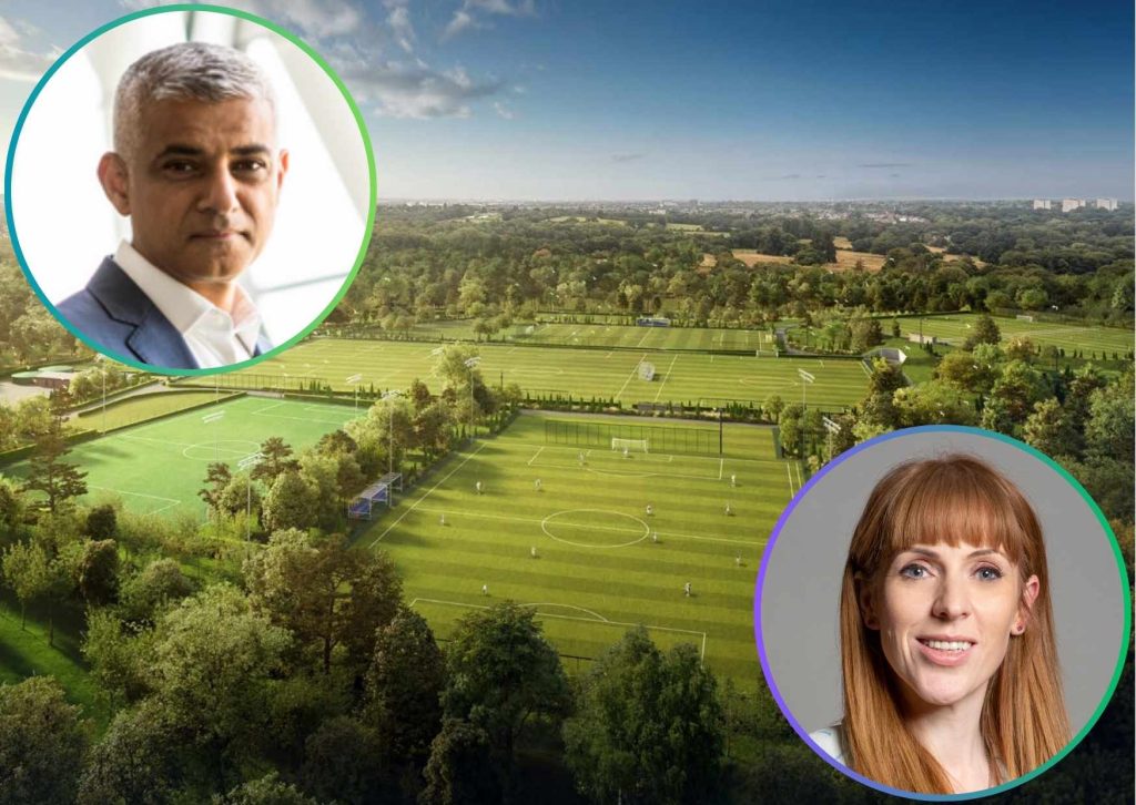 The Tottenham Hotspur plans for Whitewebbs with (inset left) Sadiq Khan and (inset right) Angela Rayner