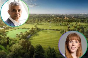 The Tottenham Hotspur plans for Whitewebbs with (inset left) Sadiq Khan and (inset right) Angela Rayner