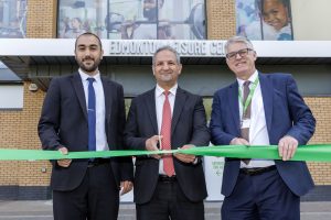Cutting the ribbon on the reopening of Edmonton Leisure Centre, from left; council leader Ergin Erbil, cabinet member Sabri Ozaydin, and GLL chief exec Peter Bundey