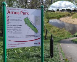 Arnos Park and (inset) a project to naturalise a river at another Enfield park