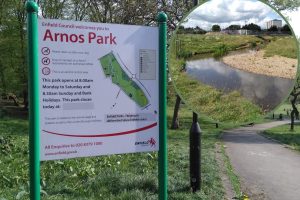 Arnos Park and (inset) a project to naturalise a river at another Enfield park