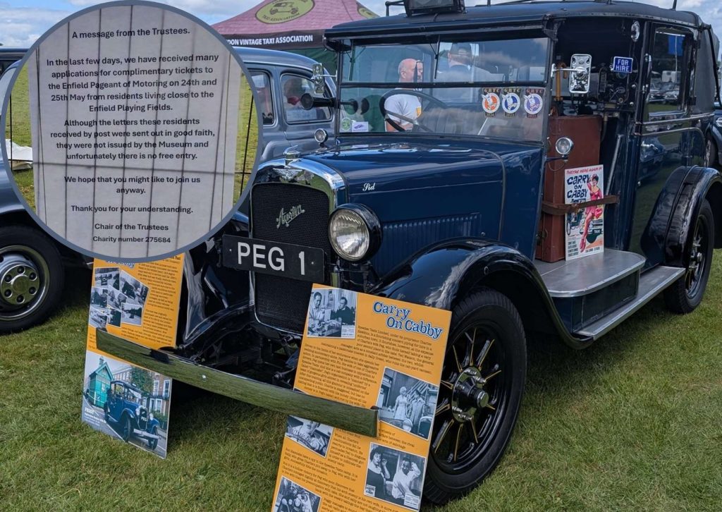 Enfield Pageant of Motoring and (inset) a notice apologising for the ticketing error (credit Malcolm Williams)
