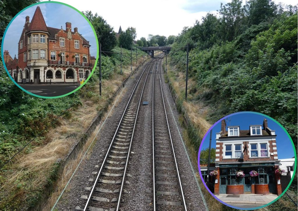 The Hertford Loop Line with (inset left) The King's Head near Winchmore Hill Station and (inset right) The Old Wheatsheaf near Enfield Chase Station