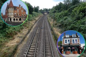The Hertford Loop Line with (inset left) The King's Head near Winchmore Hill Station and (inset right) The Old Wheatsheaf near Enfield Chase Station