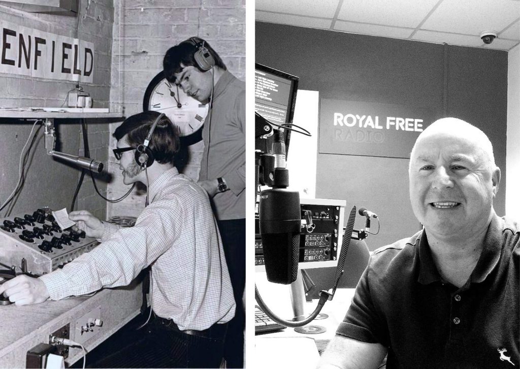 The original 'Radio Enfield' (left) and Tom Delaney (right) DJing for Royal Free Radio
