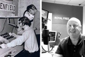 The original 'Radio Enfield' (left) and Tom Delaney (right) DJing for Royal Free Radio