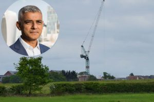 Building on the edge of the Metropolitan Green Belt in Enfield and (inset) Sadiq Khan