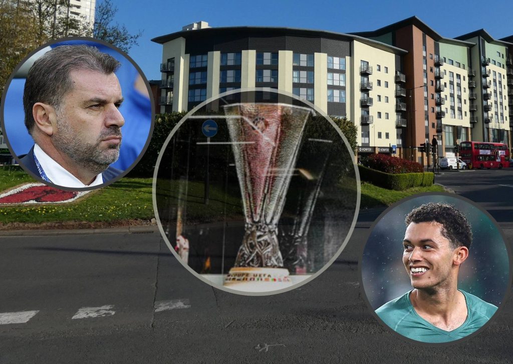Edmonton Green with Spurs boss Ange Postecoglu (inset left), the Europe League trophy (inset centre) and goalscorer Brennan Johnson (inset right)